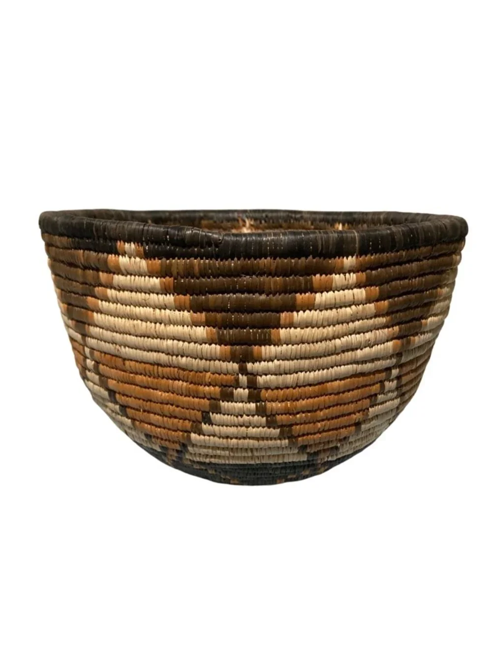 Vintage Handwoven Basket With Geometric Design In Earth Tone Colors